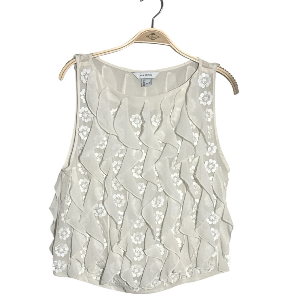 Y2K Festive H&M White Sequined Floral Ruffled Top Size:Small‎ Textured Shirt